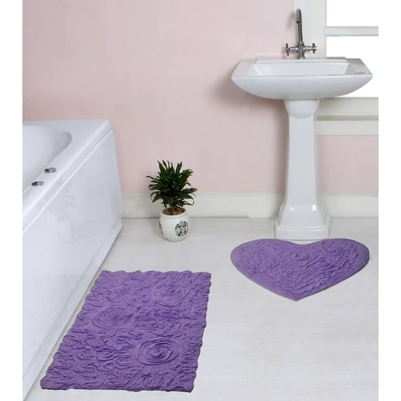 Home Weavers Bell Flower Collection 100% Cotton Non-Slip Bathroom Rug Set Machine Washable Heart Shape Bath Rug-25"x25", Bath Rug- 21"x34", Purple Color 2 Piece Bath rug set