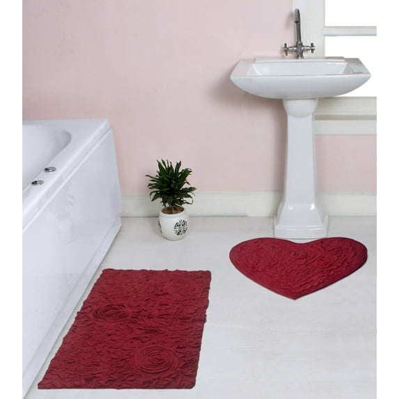 Home Weavers Bell Flower Collection 100% Cotton Non-Slip Bathroom Rug Set Machine Washable Heart Shape Bath Rug-25"x25", Bath Rug- 21"x34", Red Color 2 Piece Bath Rug set