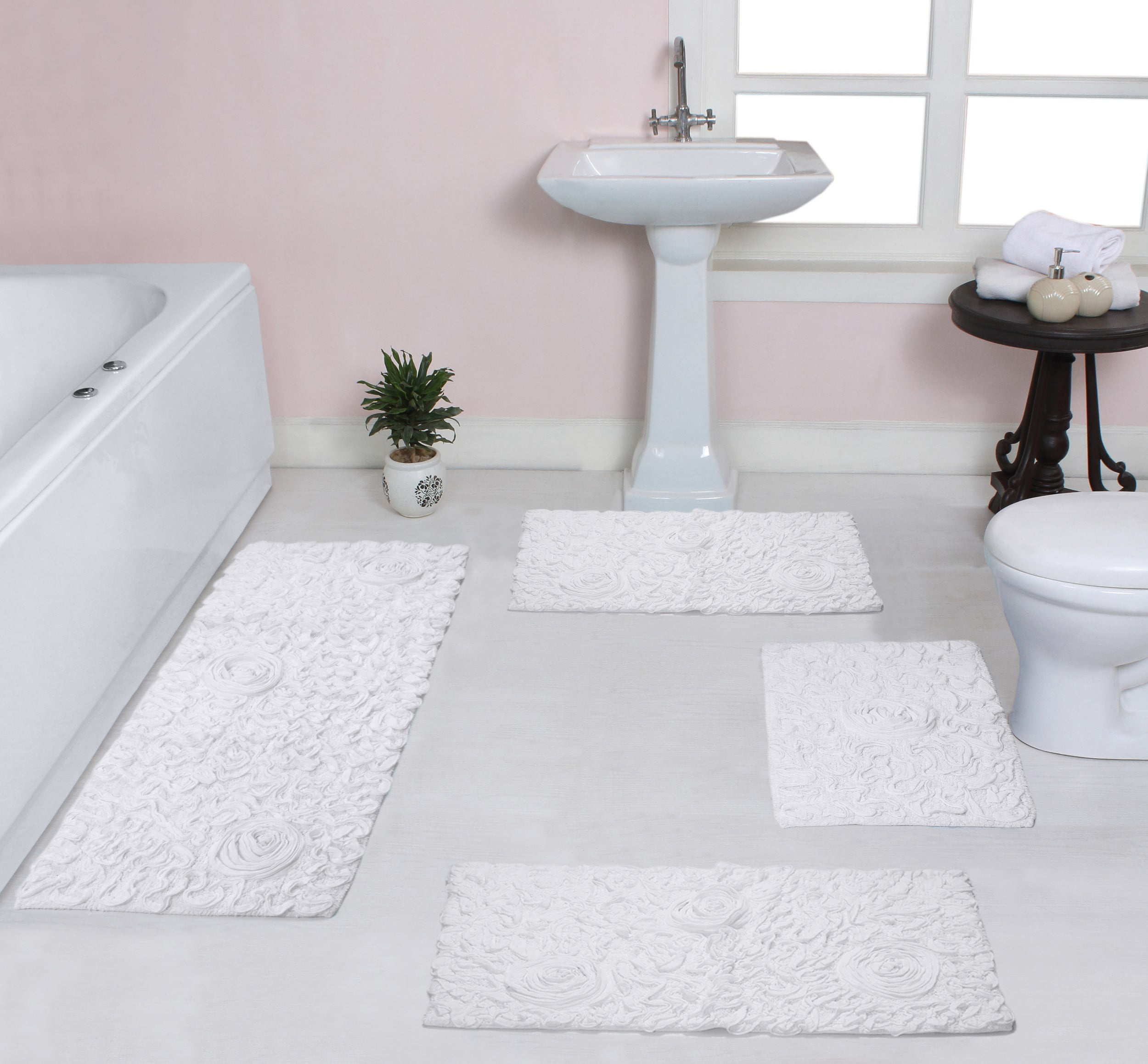 Home Weavers Bell Flower Collection 100% Cotton Non-Slip Bathroom Rug Set Machine Washable ...