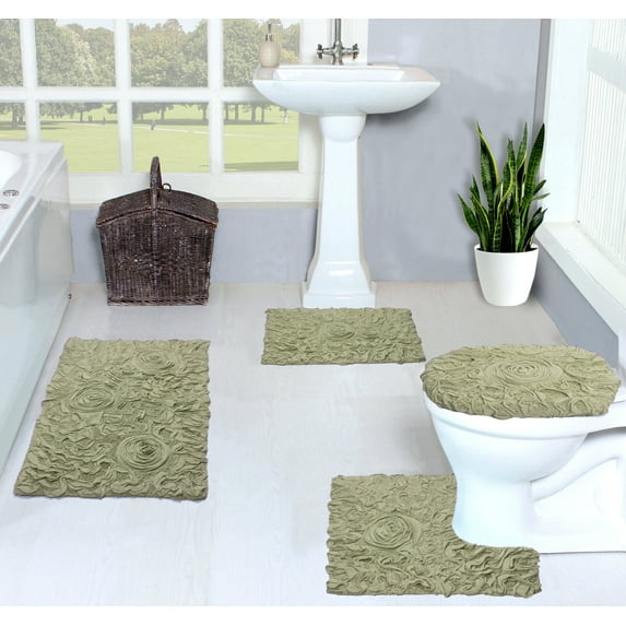 Home Weavers Bell Flower Collection 100% Cotton Non-Slip Bathroom Rug Set Machine Washable Toilet Lid Cover, Bath Rug, Bathroom Rug, U Shaped Contour, Green Color 4 Piece Bath rug set