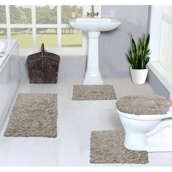 Home Weavers Bell Flower Collection 100% Cotton Non-Slip Bathroom Rug Set Machine Washable Toilet Lid Cover, Bath Rug, Bathroom Rug, U Shaped Contour, Linen Color 4 Piece Bath Rug set
