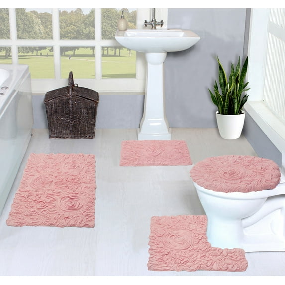 Home Weavers Bell Flower Collection 100% Cotton Non-Slip Bathroom Rug Set Machine Washable Toilet Lid Cover, Bath Rug, Bathroom Rug, U Shaped Contour, Pink Color 4 Piece Bath rug set