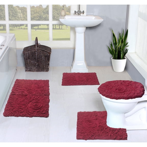 Home Weavers Bell Flower Collection 100% Cotton Non-Slip Bathroom Rug Set Machine Washable Toilet Lid Cover, Bath Rug, Bathroom Rug, U Shaped Contour, Red Color 4 Piece Bath Carpet set