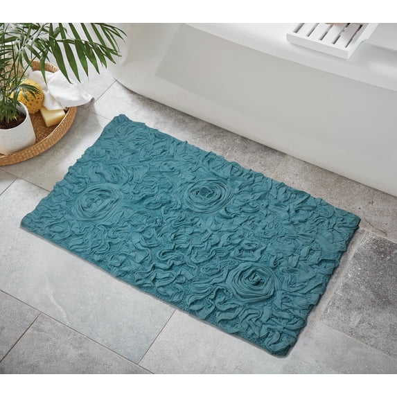 Home Weavers Bell Flower Collection Bathroom Rug 100% Cotton Tufted Bath Rugs, Soft Absorbent Bath Rugs, Non-Slip Bath Mats, Machine Washable, Bath Mats for Bathroom Floor, 24"x40" Rectangle, Blue