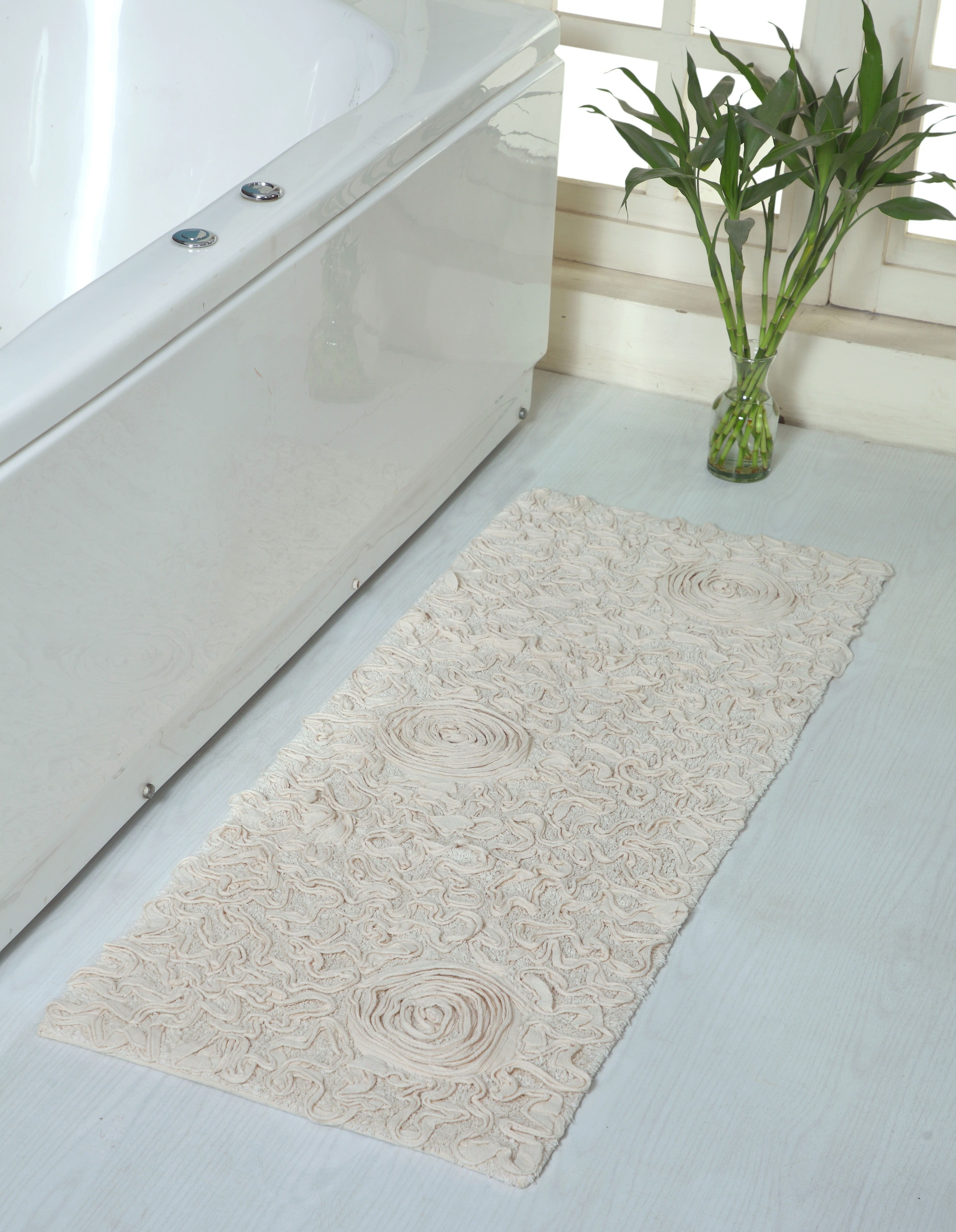 Ivory Cotton Tufted Floral Bath Rug with Non-Slip Backing