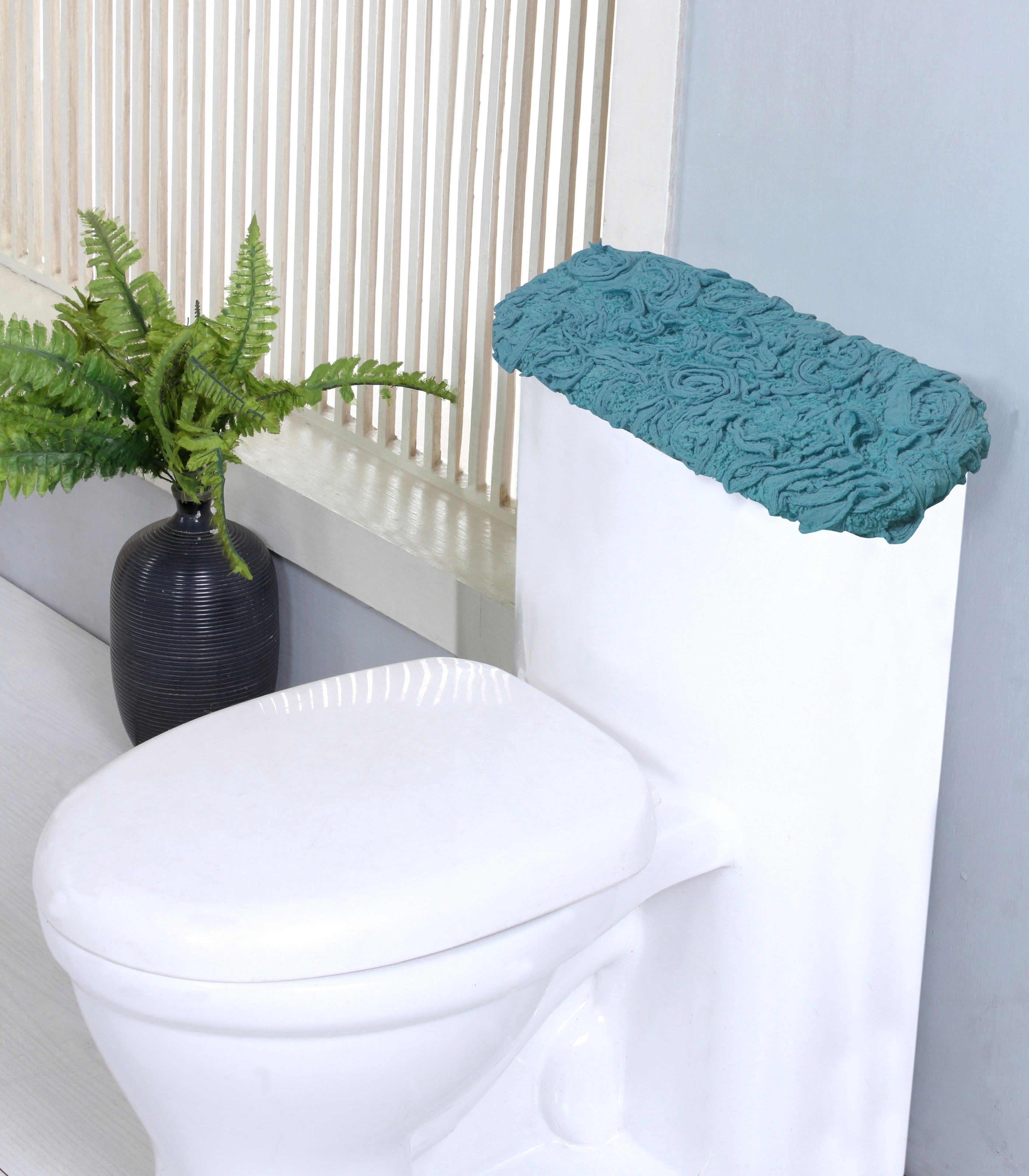 Home Weavers Bell Flower Collection Bathroom Rug 100% Cotton Fabric Tank Cover, Soft Absorbent Bath Rugs, Elastic Edges, Machine Washable, Toilet Tank Lid Cover for Bathroom, 10"x22" Tank Cover, Blue