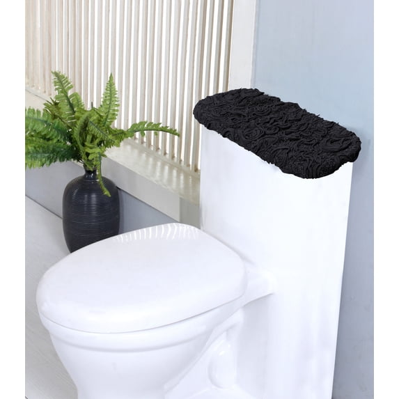 Home Weavers Bell Flower Collection Bathroom Rug 100% Cotton Fabric Tank Cover, Soft Absorbent Bath Rugs, Machine Washable, Toilet Tank Lid Cover for Bathroom, 10"x22" Tank Cover, Black