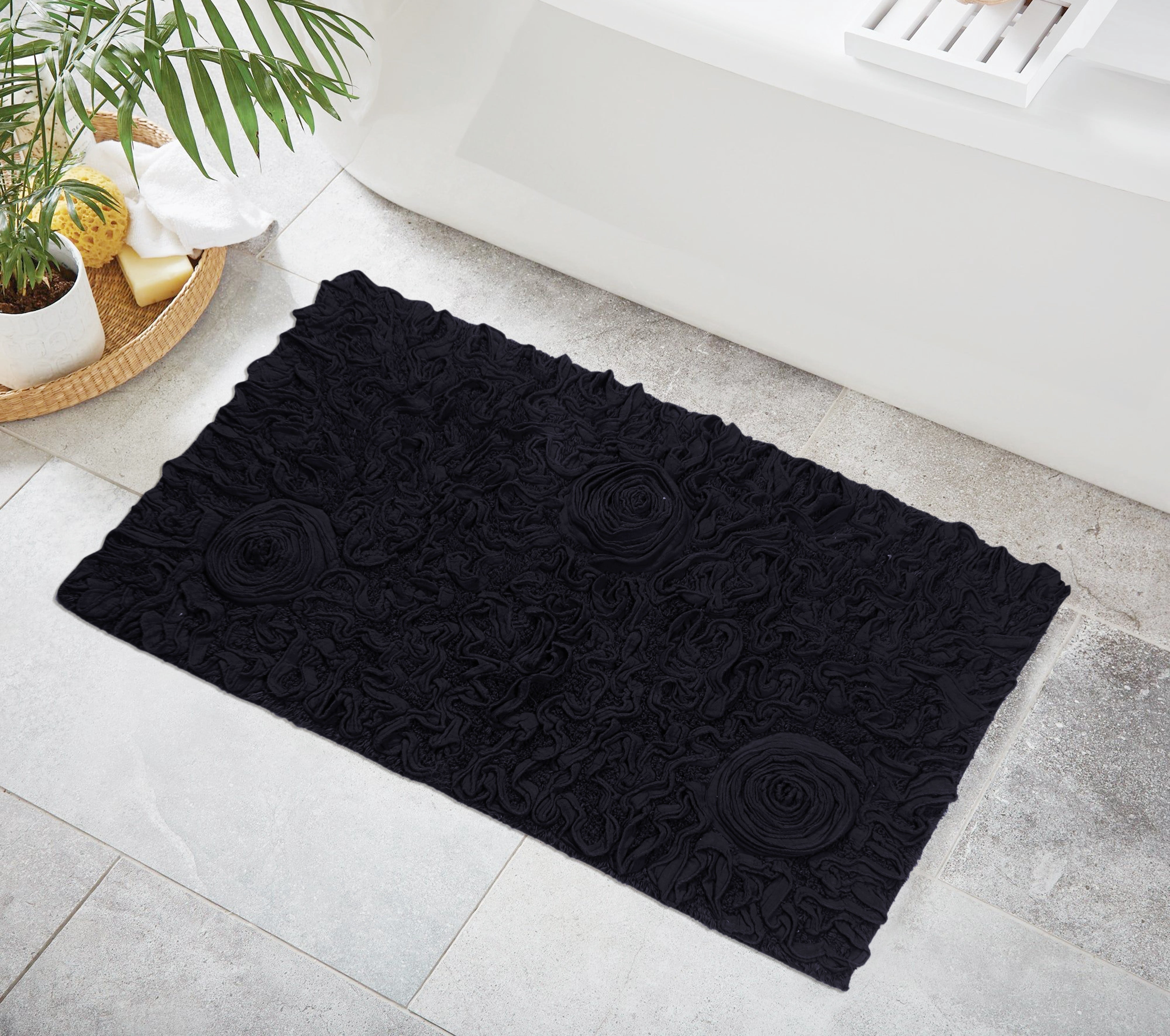 Home Weavers Bell Flower Collection Bathroom Rug 100% Cotton Tufted Bath Rugs, Soft Absorbent Bath Rugs, Non-Slip Bath Mats, Machine Washable, Bath Mats for Bathroom Floor, 24"x40" Rectangle, Black