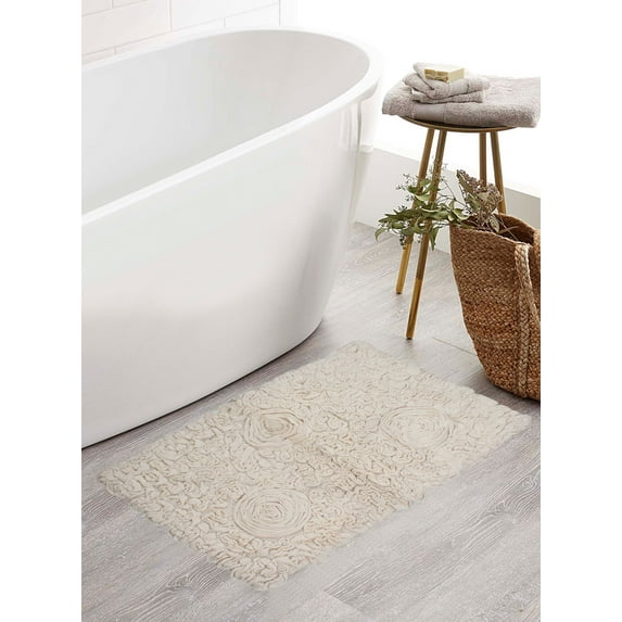 Home Weavers Bell Flower Collection Bathroom Rug 100% Cotton Tufted Bath Rugs, Soft Absorbent Bath Rugs, Non-Slip Bath Mats, Machine Washable, Bath Mats for Bathroom Floor, 21"x34" Rectangle, Ivory