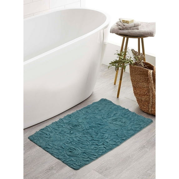 Home Weavers Bell Flower Collection Bathroom Rug 100% Cotton Tufted Bath Rugs, Soft Absorbent Bath Rugs, Non-Slip Bath Mats, Machine Washable, Bath Mats for Bathroom Floor, 21"x34" Rectangle, Blue