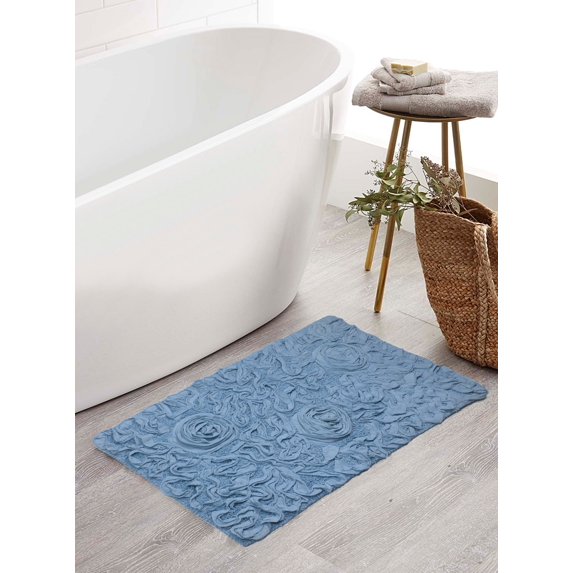 Home Weavers Bell Flower Collection Bath Rug, 100% Cotton Tufted, Soft & Absorbent, Non-Slip, 17"x24" Rectangle, Blue