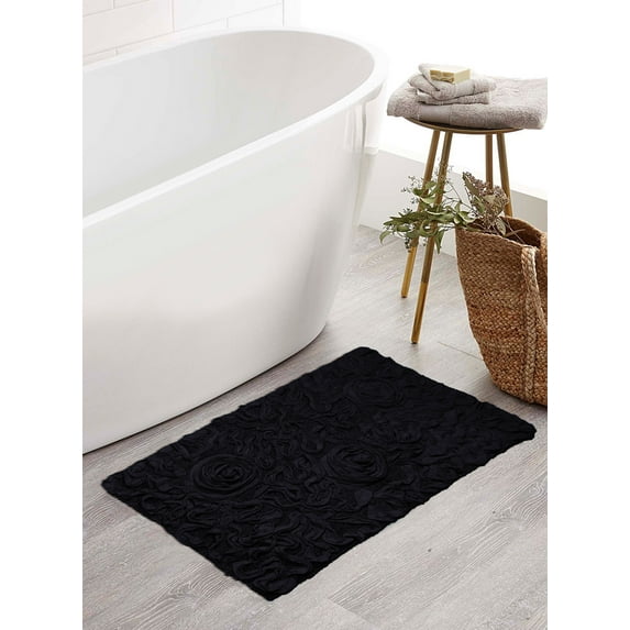 Home Weavers Bell Flower Collection Bathroom Rug 100% Cotton Tufted Bath Rugs, Soft Absorbent Bath Rugs, Non-Slip Bath Mats, Machine Washable, Bath Mats for Bathroom Floor, 21"x34" Rectangle, Black