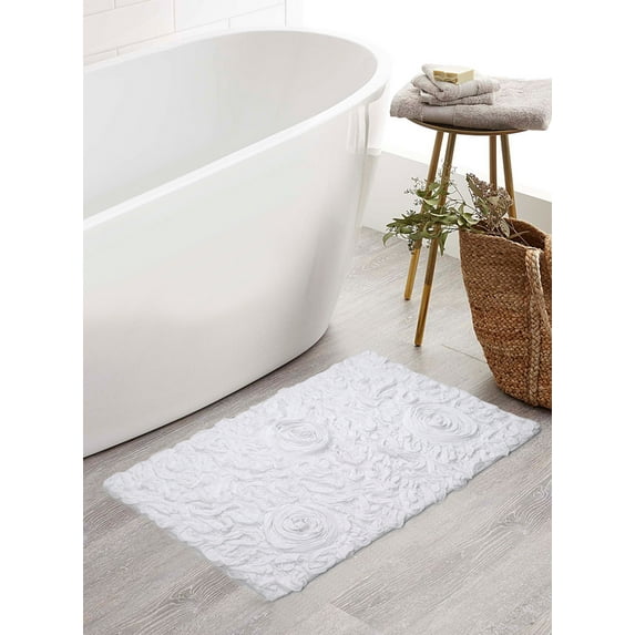 Home Weavers Bell Flower Collection Bathroom Rug 100% Cotton Tufted Bath Rugs, Soft Absorbent Bath Rugs, Non-Slip Bath Mats, Machine Washable, Bath Mats for Bathroom Floor, 21"x34" Rectangle, White
