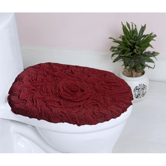 Home Weavers Bell Flower Collection Bathroom Rug Toilet Lid Seat Cover Bath Rug, 100% Cotton Soft Universal Fit for Standard Oblong Round Bath Room Bowl Lids, Washable 18"x18" Toilet Lid Cover, Red