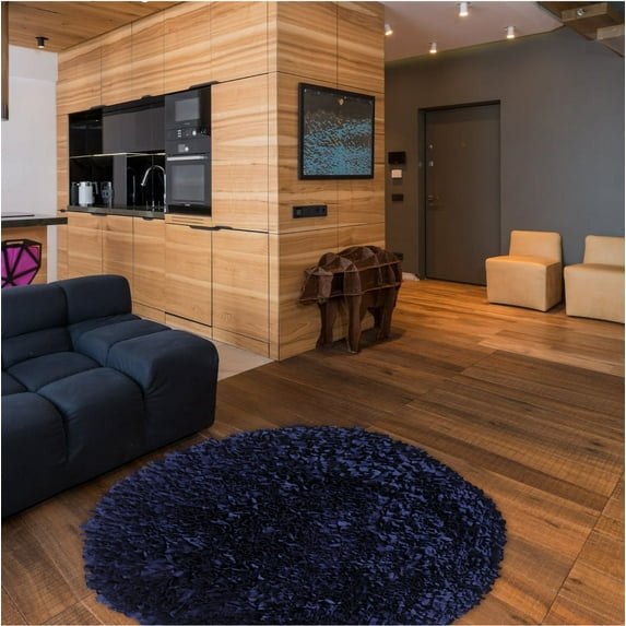Home Weavers Bella Premium Jersey Shaggy Living Room Rug, Machine Washable Area Rugs, Rug For Living Room, Non Slip Accent Rugs, Soft Foldable Indoor Floor Carpet, Easy To Clean, 3' Round, Navy Blue