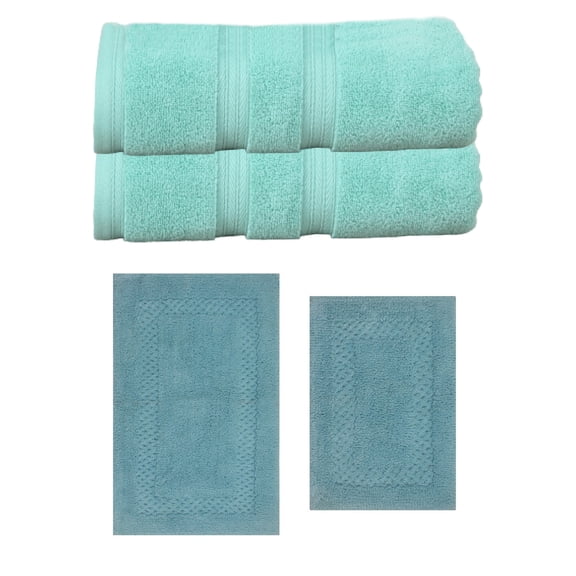 Home Weavers Classy 100% Cotton 4-Piece Bath Towel and Bath Rug Set, 2 Towels, 2 Bath Rugs, Turquoise