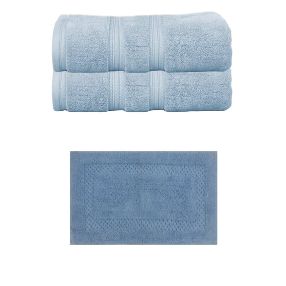 Home Weavers Classy Bath Mat 100% Soft Cotton Super Absorbent 2 Pcs Bath Towel Set & 1 Pc 17x24" Bath Rug, Machine Washable & Non Slip (Set of 3), Blue