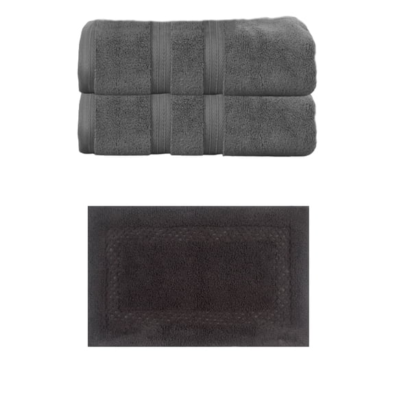 Home Weavers Classy Bath Mat 100% Soft Cotton Super Absorbent 2 Pcs Bath Towel Set & 1 Pc 17x24" Bath Rug, Machine Washable & Non Slip (Set of 3), Dark Gray