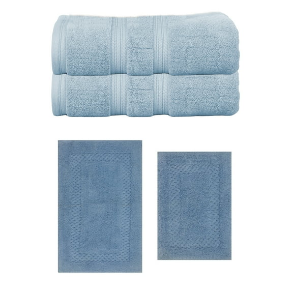 Home Weavers Classy Bath Mat 100% Soft Cotton Super Absorbent 2 Pcs Bath Towel Set & 2 Pc Bath Rug Combo, Machine Washable & Non Slip (Set of 4), Blue