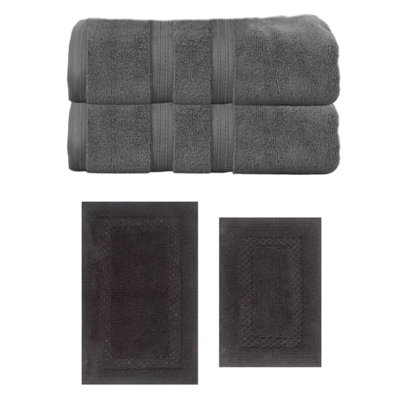 Home Weavers Classy Bath Mat 100% Soft Cotton Super Absorbent 2 Pcs Bath Towel Set & 2 Pc Bath Rug Combo, Machine Washable & Non Slip (Set of 4), Dark Gray