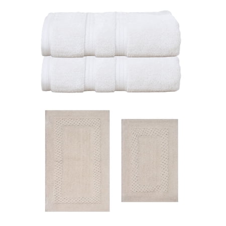 Home Weavers Classy Bath Mat 100% Soft Cotton Super Absorbent 2 Pcs Bath Towel Set & 2 Pc Bath Rug Combo, Machine Washable & Non Slip (Set of 4), Ivory