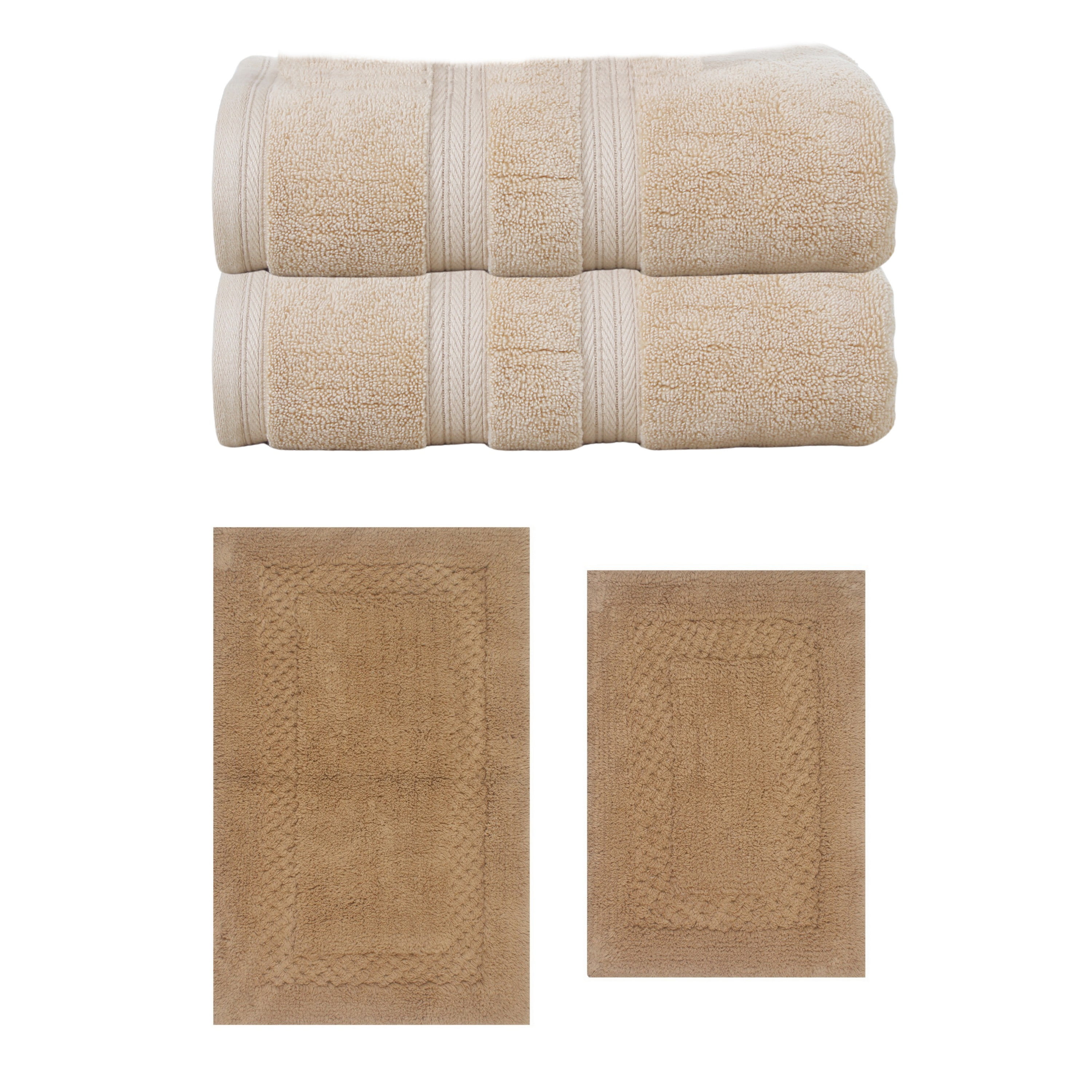 Home Weavers Classy Bath Mat 100% Soft Cotton Super Absorbent 2 Pcs Bath Towel Set & 2 Pc Bath Rug Combo, Machine Washable & Non Slip (Set of 4), Linen