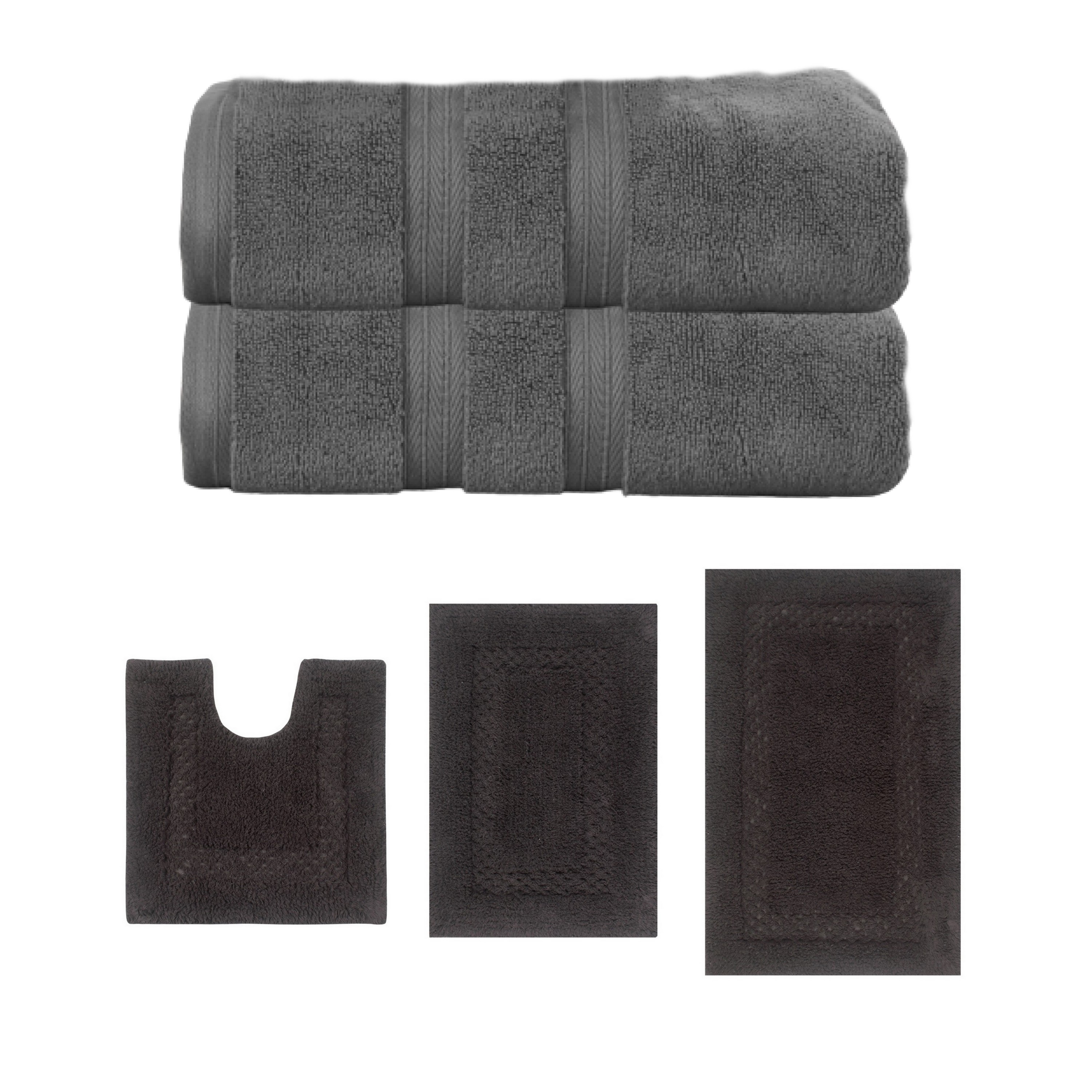 Home Weavers Classy Bath Mat 100% Soft Cotton Super Absorbent 2 Pcs Bath Towel Set & 3 Pc Bath Rug Combo, Machine Washable & Non Slip (Set of 5), Dark Gray