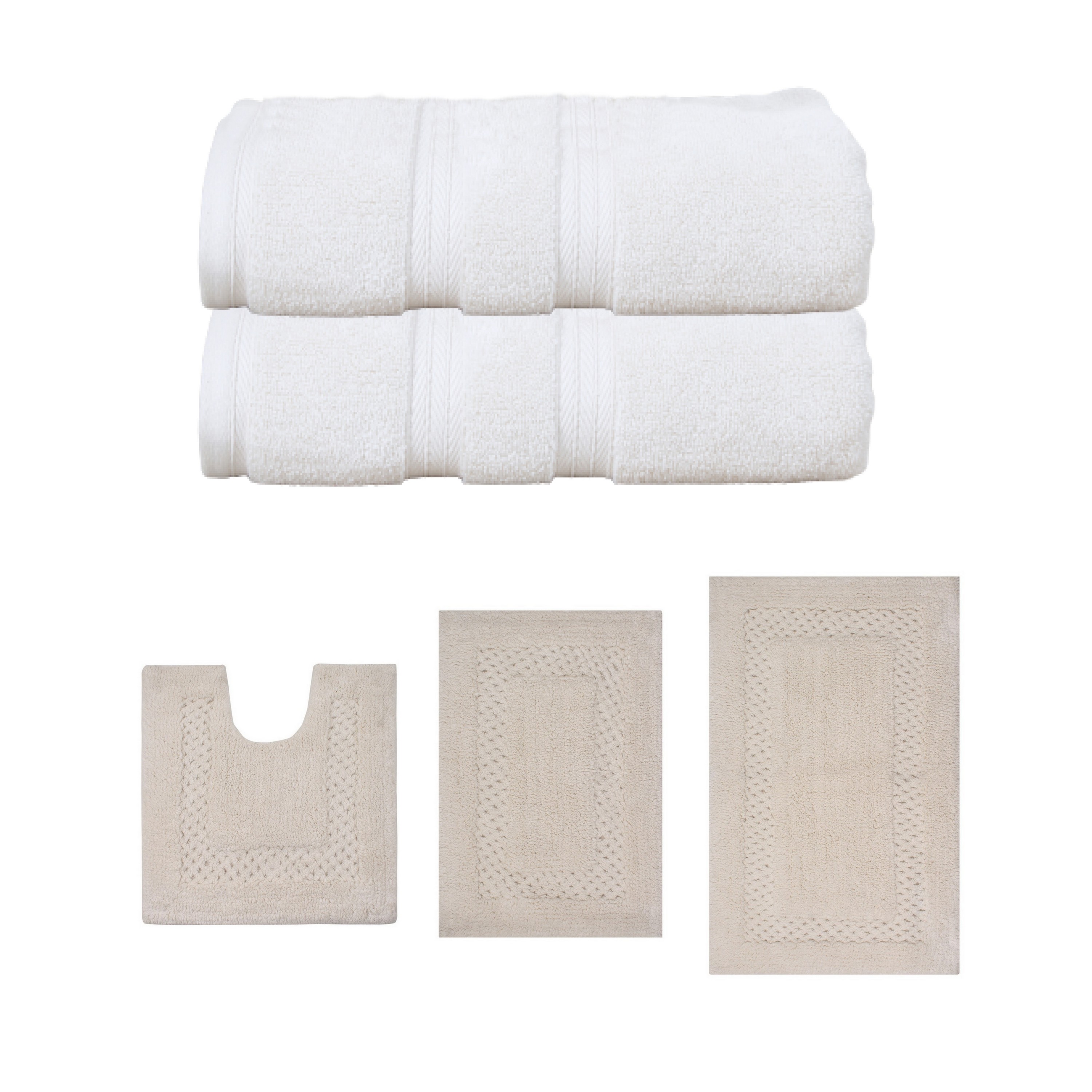 Home Weavers Classy Bath Mat 100% Soft Cotton Super Absorbent 2 Pcs Bath Towel Set & 3 Pc Bath Rug Combo, Machine Washable & Non Slip (Set of 5), Ivory