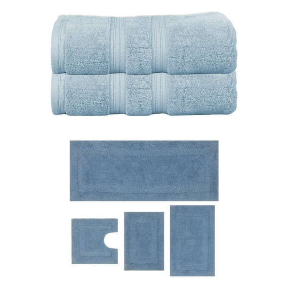 Home Weavers Classy Bath Mat 100% Soft Cotton Super Absorbent 2 Pcs Bath Towel Set & 4 Pc Bath Rug Combo, Machine Washable & Non Slip (Set of 6), Blue