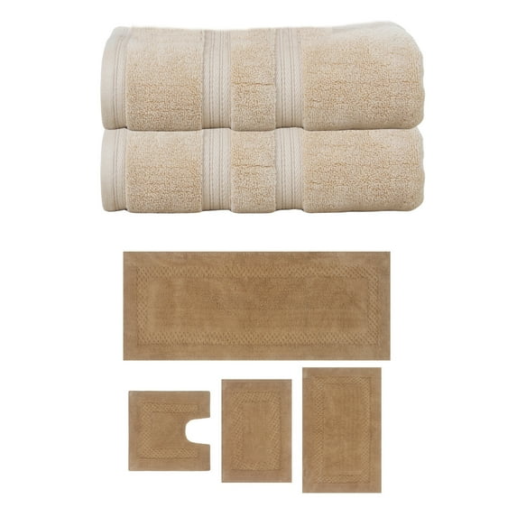 Home Weavers Classy Bath Mat 100% Soft Cotton Super Absorbent 2 Pcs Bath Towel Set & 4 Pc Bath Rug Combo, Machine Washable & Non Slip (Set of 6), Linen