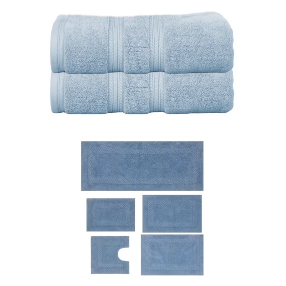 Home Weavers Classy Bath Mat 100% Soft Cotton Super Absorbent 2 Pcs Bath Towel Set & 5 Pc Bath Rug Combo, Machine Washable & Non Slip (Set of 7), Blue