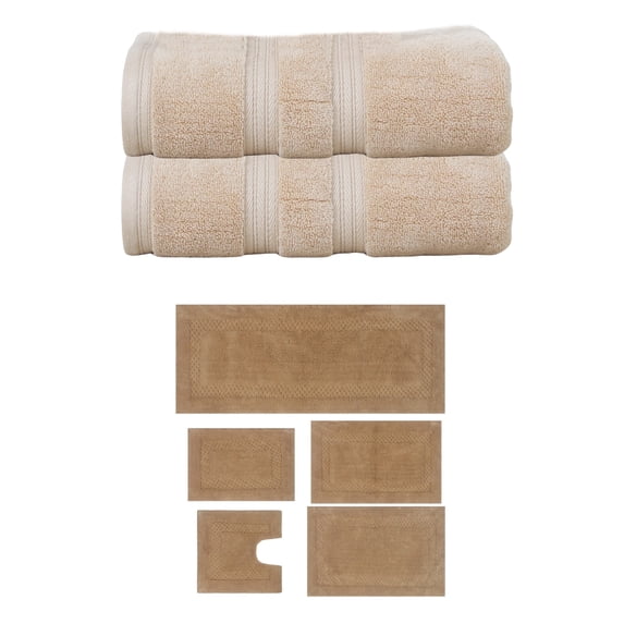 Home Weavers Classy Bath Mat 100% Soft Cotton Super Absorbent 2 Pcs Bath Towel Set & 5 Pc Bath Rug Combo, Machine Washable & Non Slip (Set of 7), Linen
