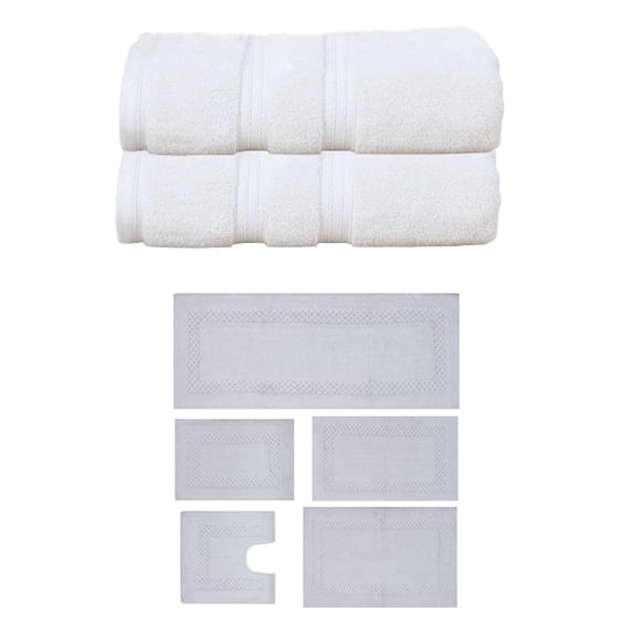 Home Weavers Classy Bath Mat 100% Soft Cotton Super Absorbent 2 Pcs Bath Towel Set & 5 Pc Bath Rug Combo, Machine Washable & Non Slip (Set of 7), White