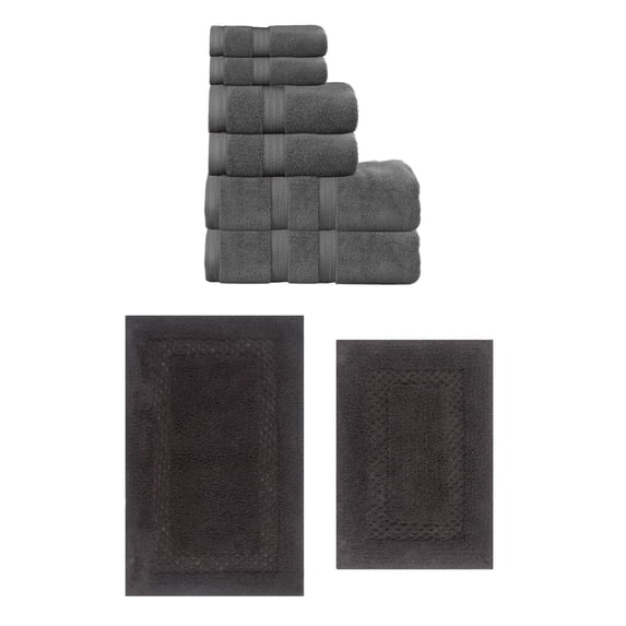 Home Weavers Classy Bath Mat 100% Soft Cotton Super Absorbent 6 Pcs Towel Set & 2 Pc Bath Rug Combo, Machine Washable & Non Slip (Set of 8), Dark Gray