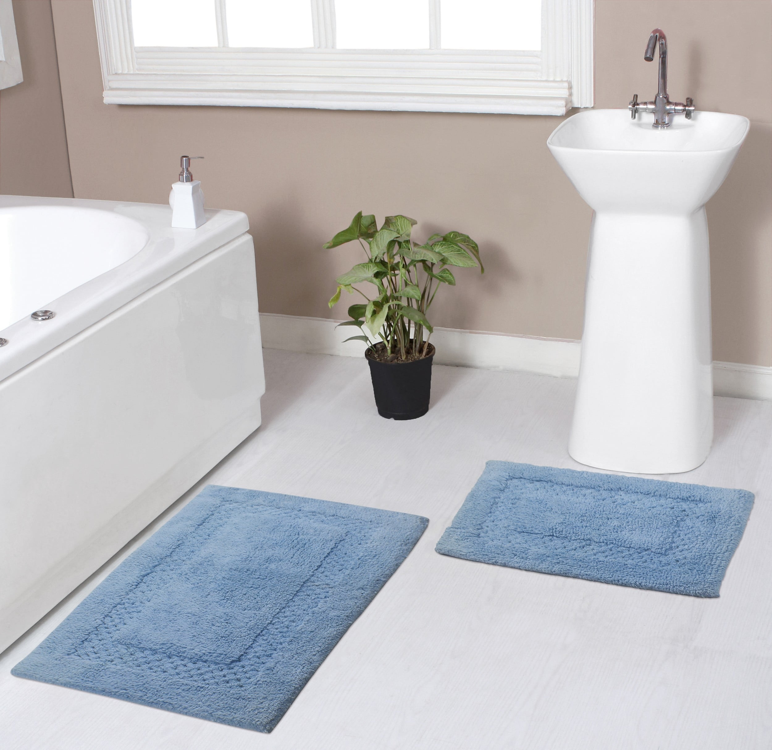 Blue Cotton Medium Pile Rectangular Bath Mat Set