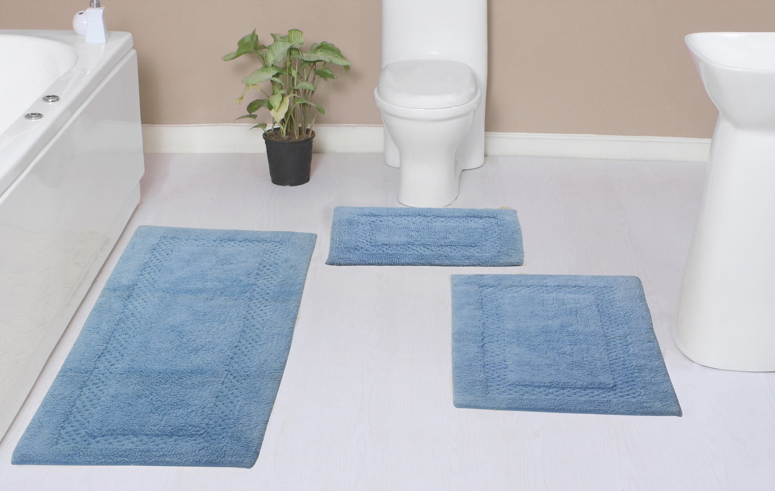 Blue Cotton Medium Pile Rectangular Bath Mat Set