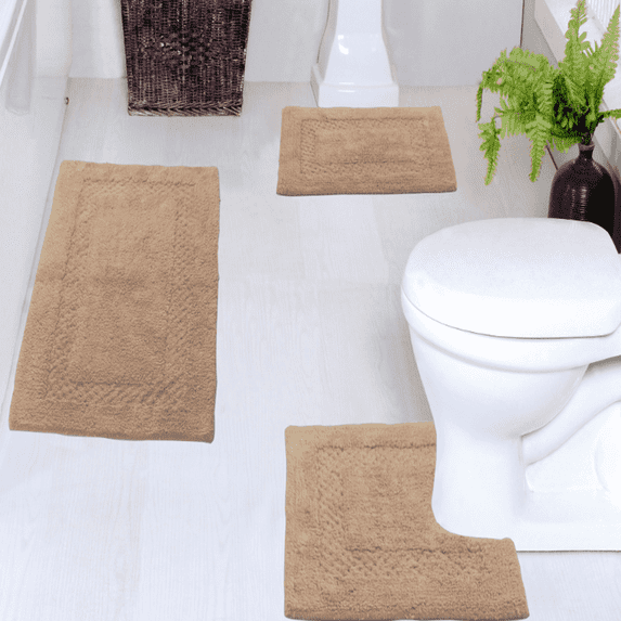 Home Weavers Classy Bathmat Collection Cotton Bathroom Rug Set Machine Washable Bathroom Rug-17"x24", Bath Rug- 21"x34", U Shaped Contour- 20"x20",3 Piece Bath Rug set, Linen