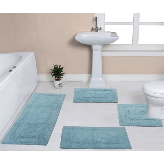 Home Weavers Classy Bathmat Collection 100% Cotton Non-Slip Bathroom Rug Set Machine Washable Bathroom Rug, Bath Rug, U Shaped Contour, Runner, Aqua Color 4 Piece Bath Rug set
