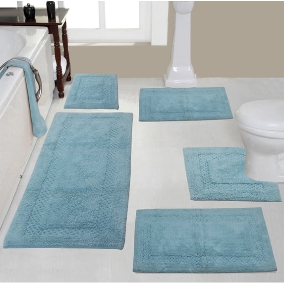 Home Weavers Classy Bathmat 100% Cotton Bathroom Rugs Set, Washable Rug, Extra Soft and Absorbent bath Rug, Kitchen Mat, Bath Mat Set, Bath Floor Mat Non Slip, 5 Piece Set with Contour, Aqua