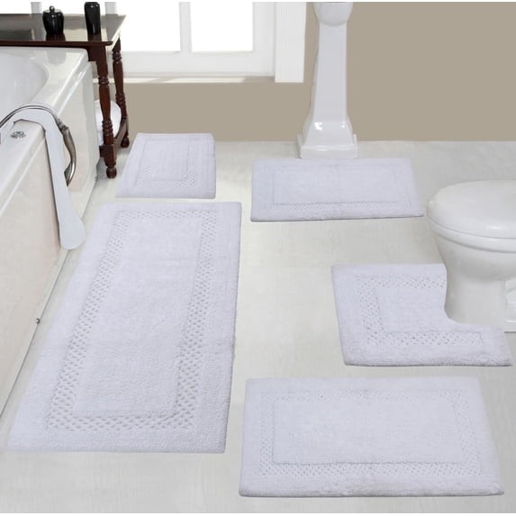 Home Weavers Classy Bathmat 100% Cotton Bathroom Rugs Set, Washable Rug, Extra Soft and Absorbent bath Rug, Kitchen Mat, Bath Mat Set, Bath Floor Mat Non Slip, 5 Piece Set with Contour, White