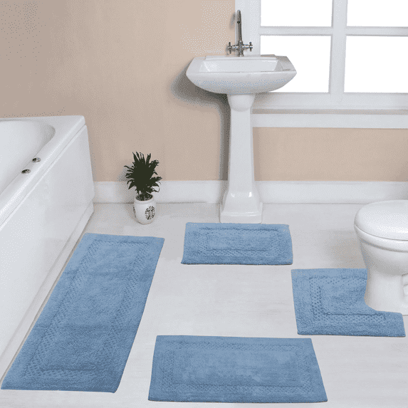Home Weavers Classy Bathmat Cotton Bathroom Rugs Set, Washable Rug, Thick Extra Soft and Absorbent bath Rug, Kitchen Mat, Bath Mat Set, Bath Floor Mat Non Slip, 4 Piece Set with Runner, Blue