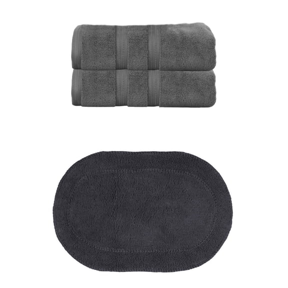 Home Weavers Double Ruffle 100% Cotton 3-Piece Bath Towel and Bath Rug Set, 2 Towels, 1 Bath Rug 24" x 40", Dark Gray