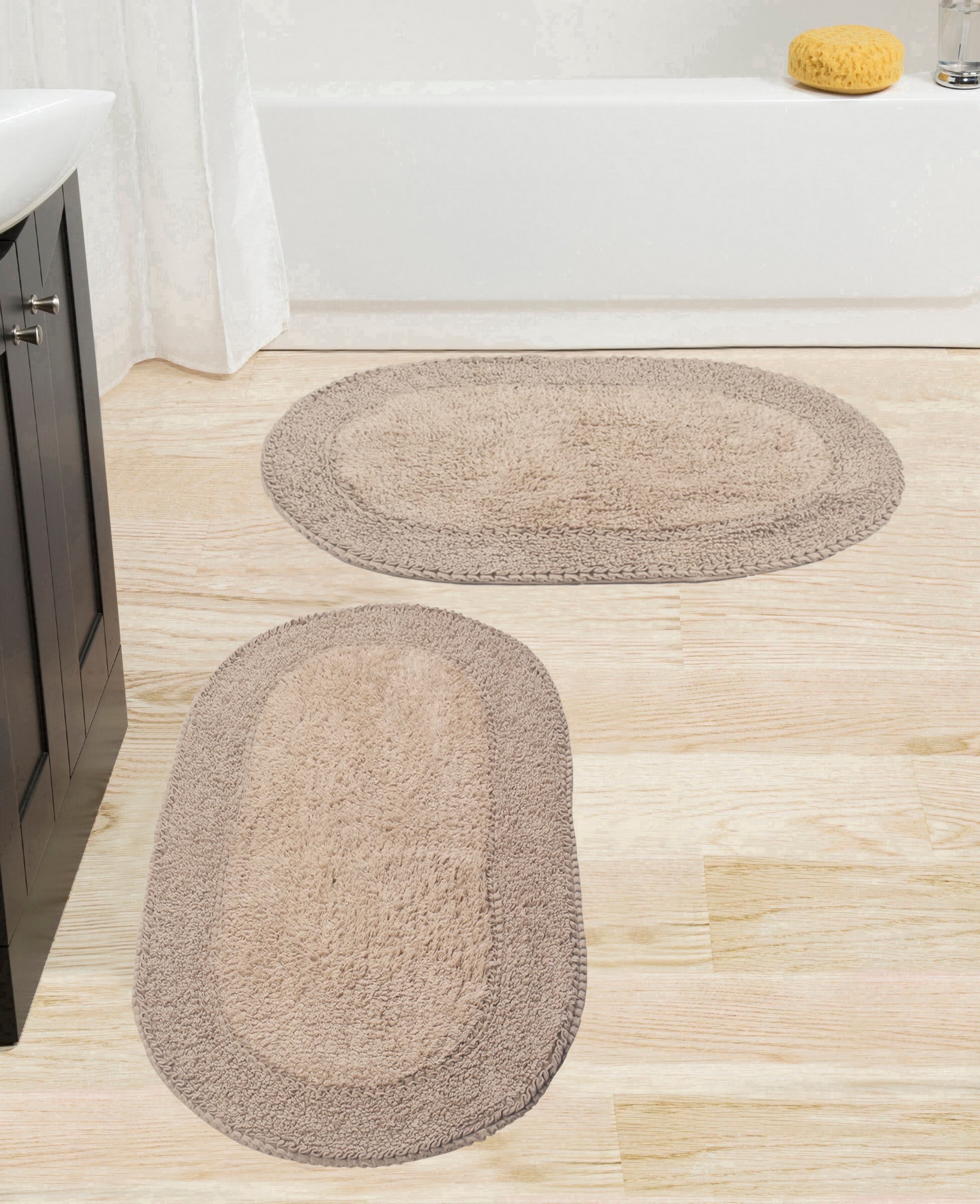 Home Weavers Double Ruffle Collection 100% Cotton Non-Slip Bathroom Rug Set Machine Washable Bath rug-21"x34", Bathroom Rug- 24"x40", Linen Color 2 Piece Bath rug set