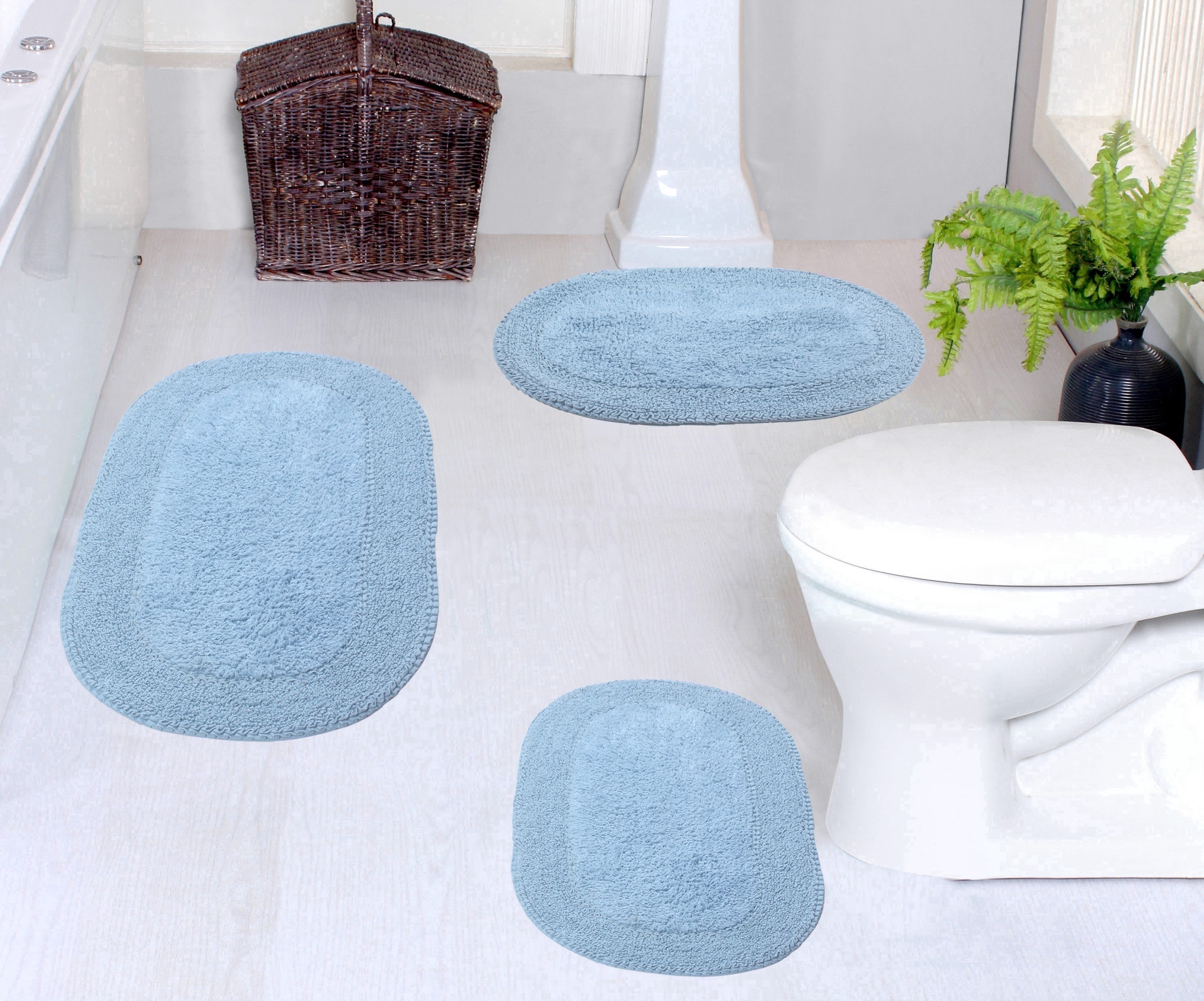 Home Weavers Double Ruffle Collection 100% Cotton Non-Slip Bathroom Rug Set Machine Washable Bathroom Rug-17"x24", Bath Rug- 21"x34", Bathroom Rug- 24"x40", Blue Color 3 Piece Bath Rug set