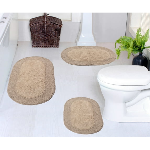 Home Weavers Double Ruffle Collection 100% Cotton Non-Slip Bathroom Rug Set Machine Washable Bathroom Rug-17"x24", Bath Rug- 21"x34", Bathroom Rug- 24"x40", Linen Color 3 Piece Bath Rug set