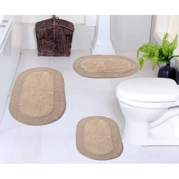 Home Weavers Double Ruffle Collection 100% Cotton Non-Slip Bathroom Rug Set Machine Washable Bathroom Rug-17"x24", Bath Rug- 21"x34", Bathroom Rug- 24"x40", Linen Color 3 Piece Bath Rug set