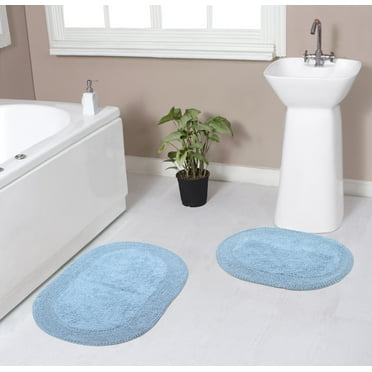 Home Weavers Double Ruffle Collection 100% Cotton Non-Slip Bathroom Rug Set Machine Washable Bathroom Rug-17"x24", Bath Rug- 21"x34", Blue Color 2 Piece Bath Carpet set