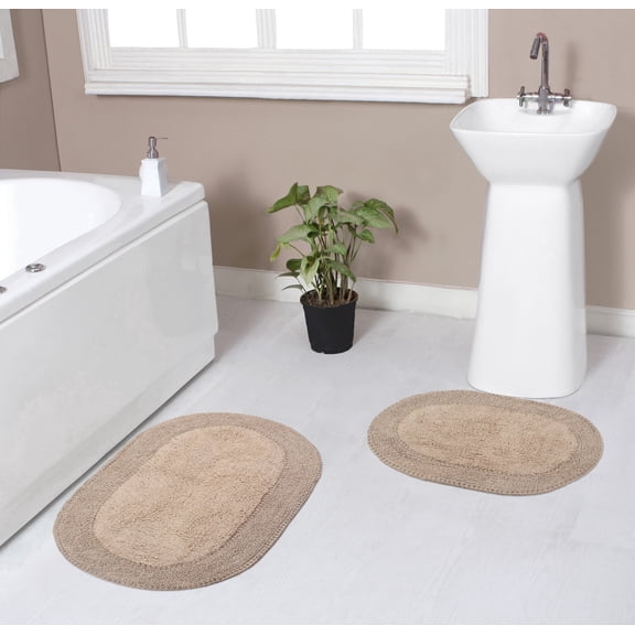 Home Weavers Double Ruffle Collection 100% Cotton Non-Slip Bathroom Rug Set Machine Washable Bathroom Rug-17"x24", Bath Rug- 21"x34", Linen Color 2 Piece Bath Rug set