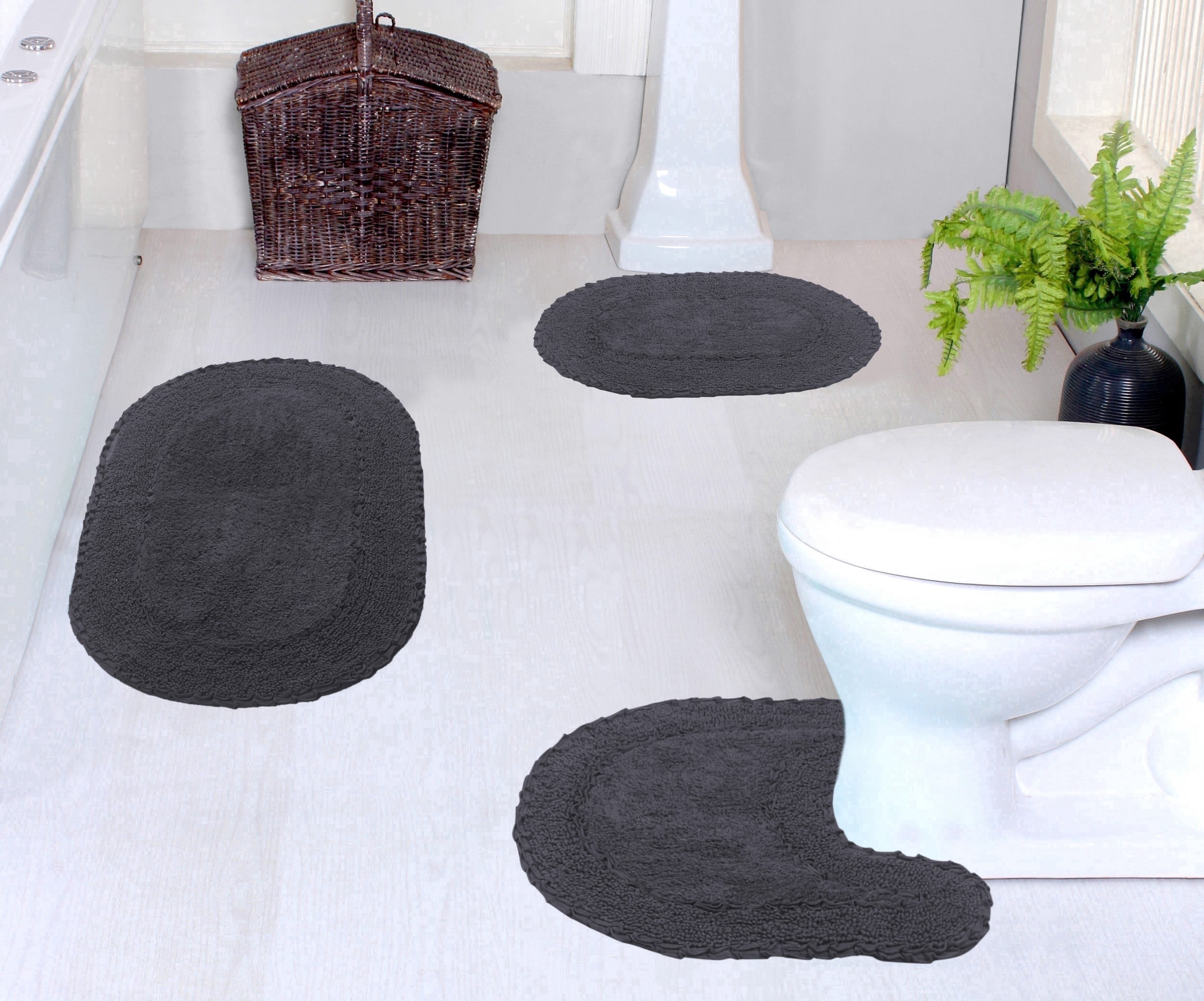 Home Weavers Double Ruffle Collection 100% Cotton Non-Slip Bathroom Rug Set Machine Washable Bathroom Rug-17"x24", Bath Rug- 21"x34", U Shaped Contour- 20"x20", Gray Color 3 Piece Bath Rug set