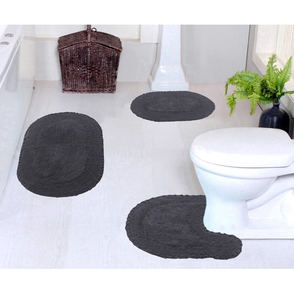 Home Weavers Double Ruffle Collection 100% Cotton Non-Slip Bathroom Rug Set Machine Washable Bathroom Rug-17"x24", Bath Rug- 21"x34", U Shaped Contour- 20"x20", Gray Color 3 Piece Bath Rug set